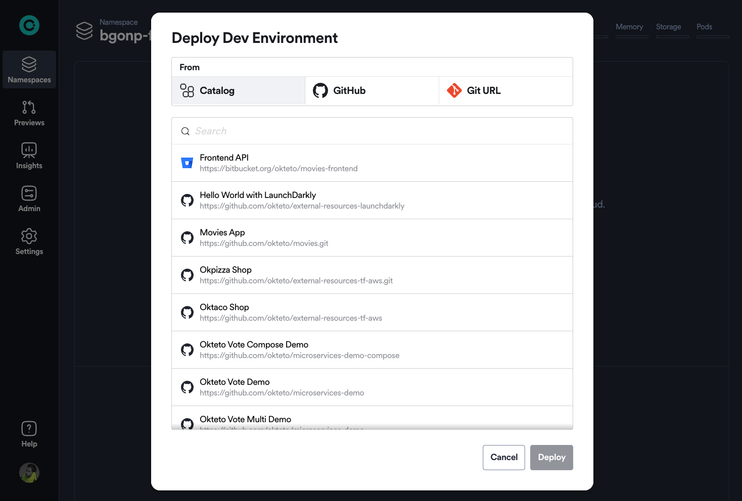 Okteto Namespace Landing Page
